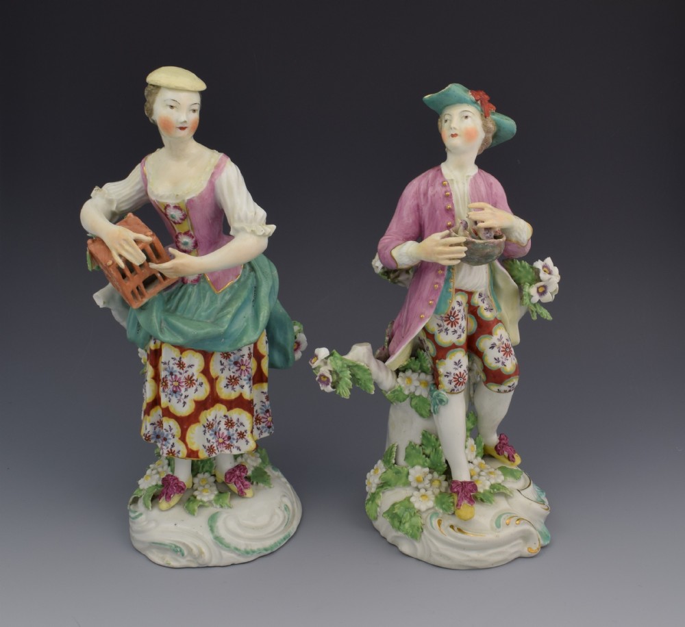 Pair 18thC Derby Figures Liberty & Matrimony Patch Period c.1765
