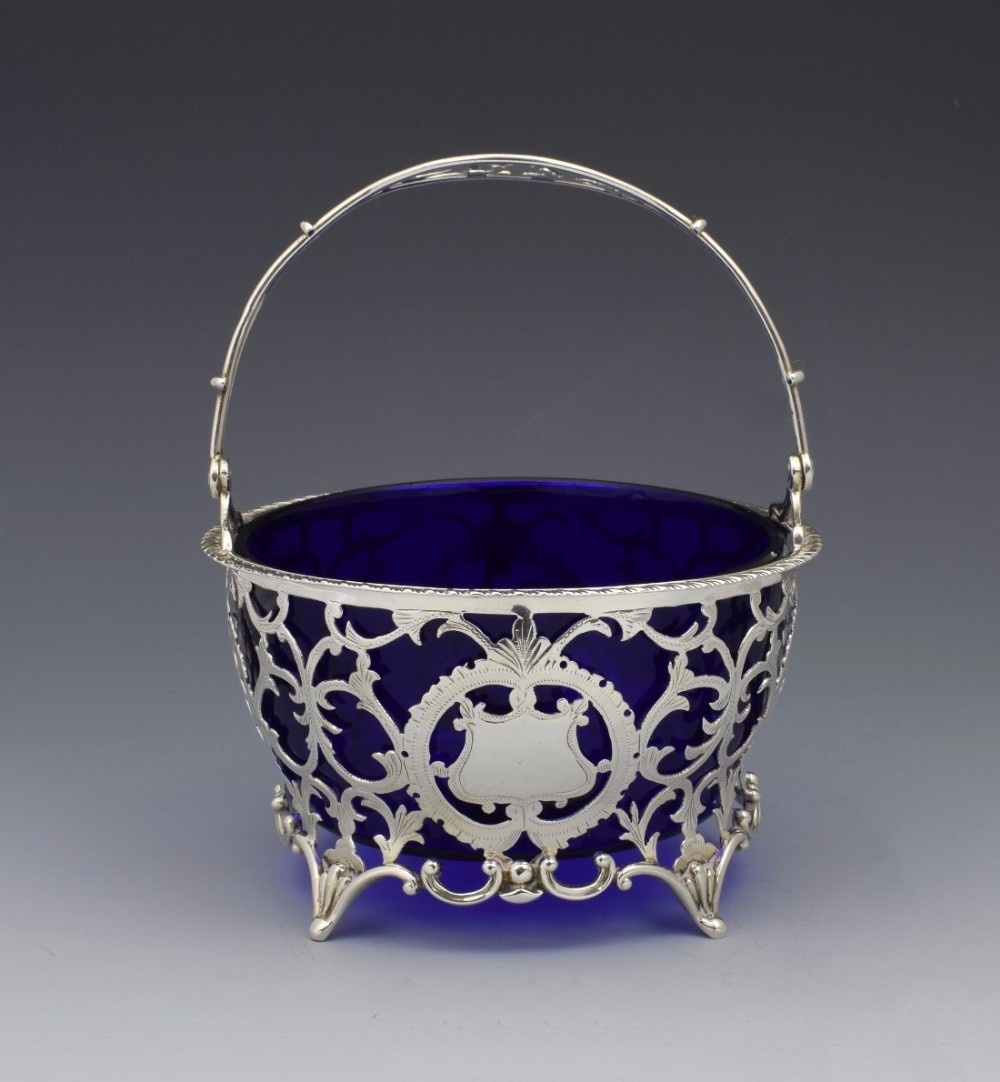 George V Silver & Blue Glass Bonbon Sugar Basket Adie Bros. 