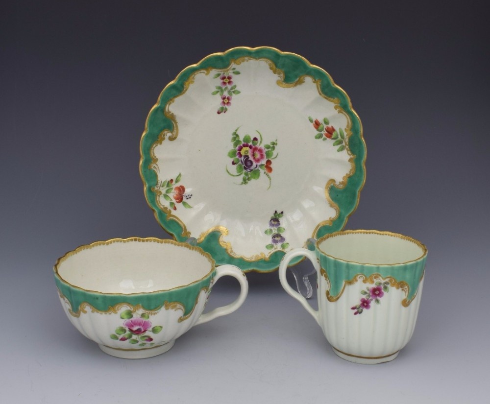 Rare First Period Worcester Apple Green & Polychrome Trio c.1770