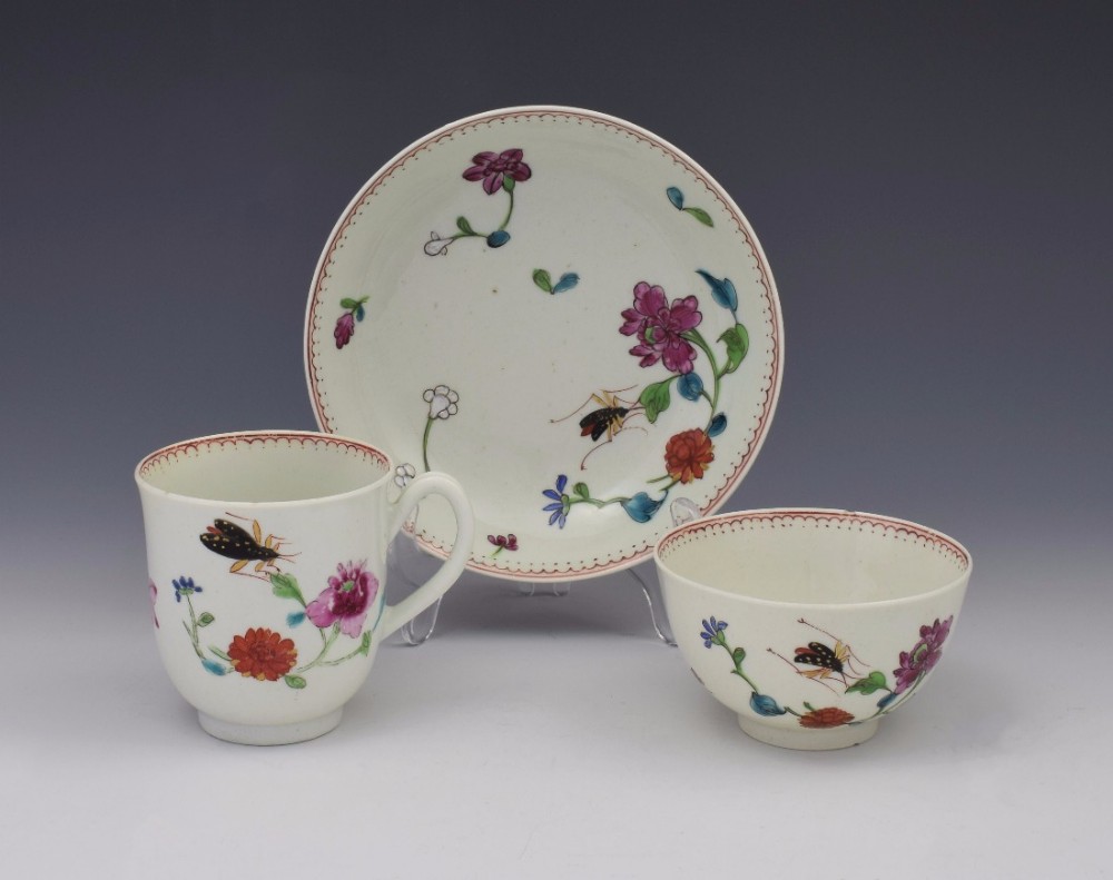 First Period Worcester Harvest Bug Pattern Trio Cup & Saucer c.1770