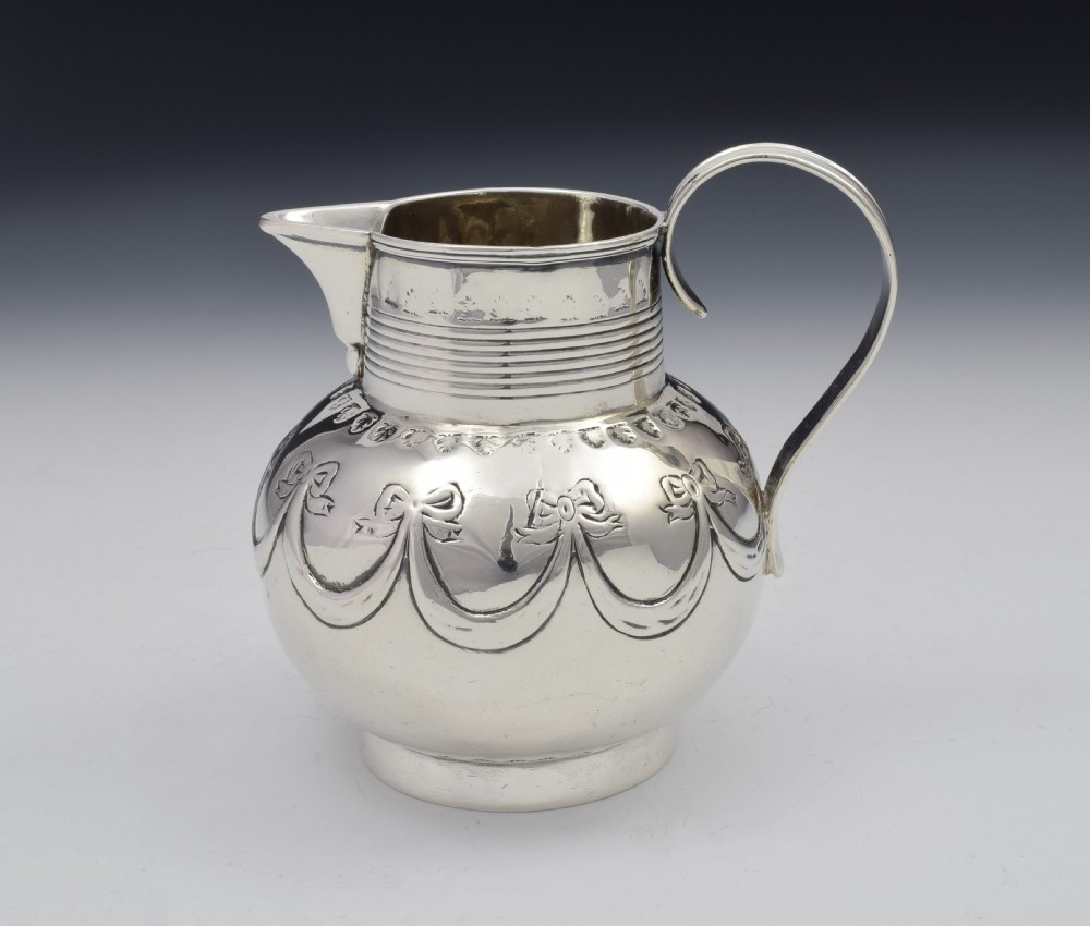 Unusual Bulbous George III Silver Cream Jug London 1801 Sparrow Beak Embossed Ribbons Georgian Reeding