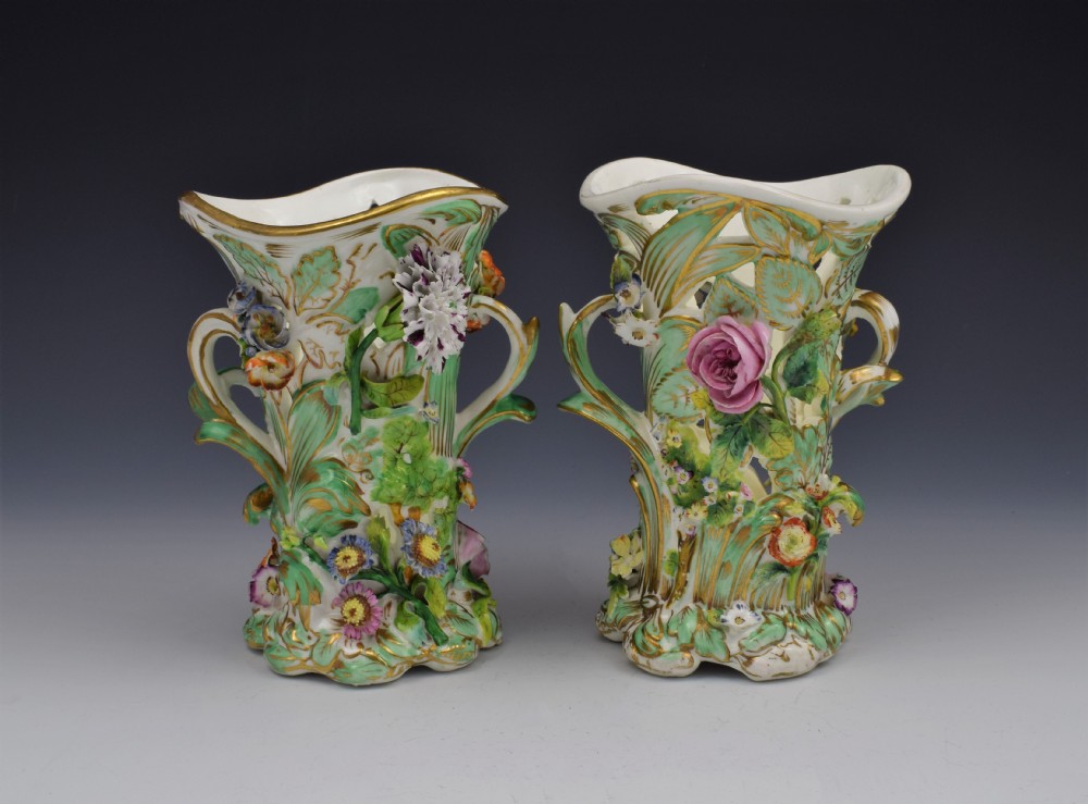 Pair Reticulated Coalport Flower Encrusted Vases Coalbrookedale Style c.1835