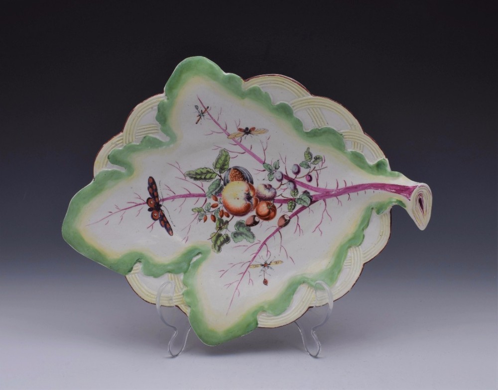 18thC Derby Leaf Dish Polychrome Enamels Fruit & Moths c.1760