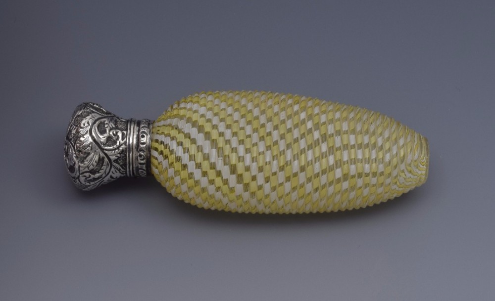 Stunning Silver Mounted Yellow & White Twisted Glass Scent Bottle
