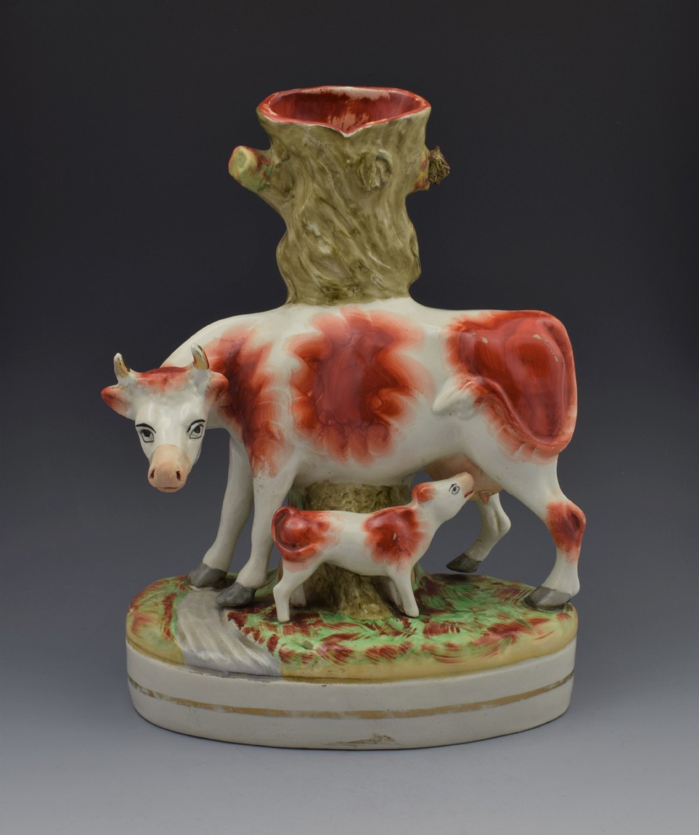 Charming Large Staffordshire Spill Vase Cow & Calf Russet & White 