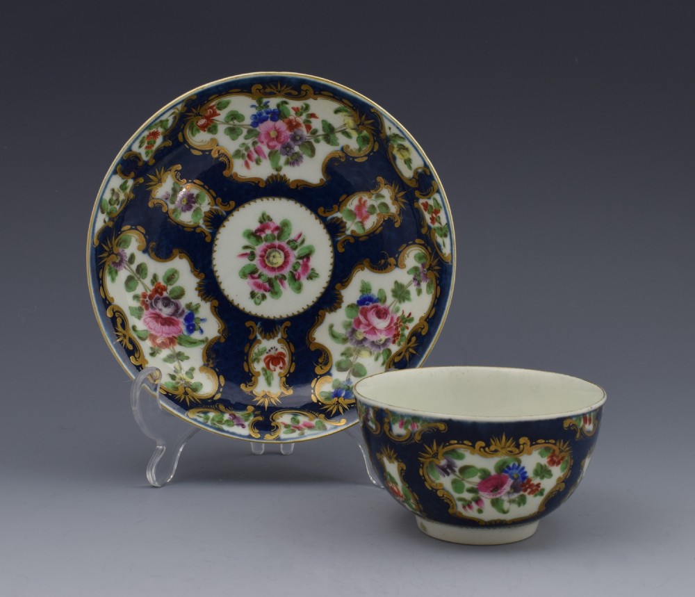 First Period Worcester Scale Blue Tea Bowl & Saucer c.1770