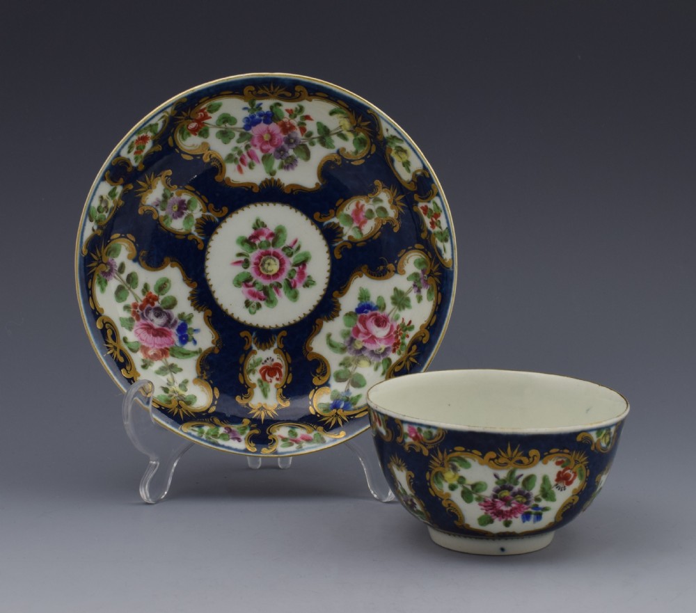 First Period Worcester Scale Blue Tea Bowl & Saucer c.1770 View II