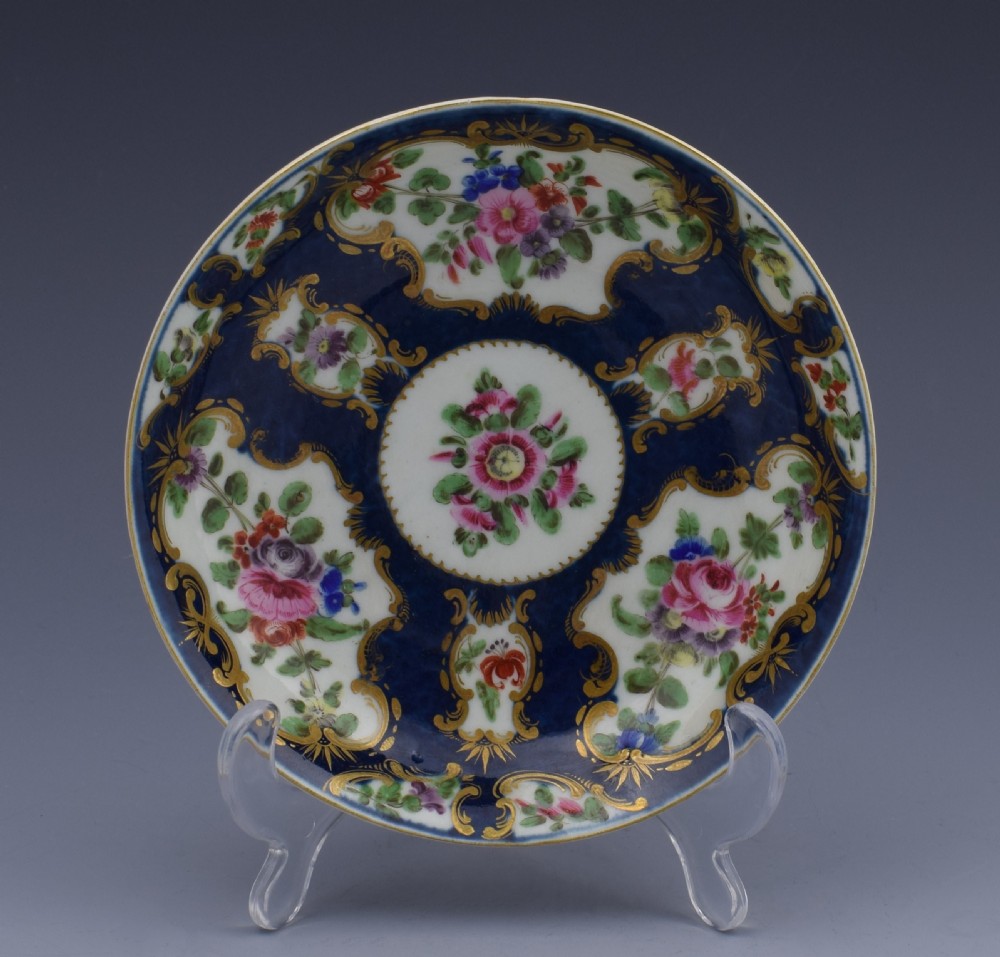 First Period Worcester Scale Blue Tea Bowl & Saucer c.1770 View III