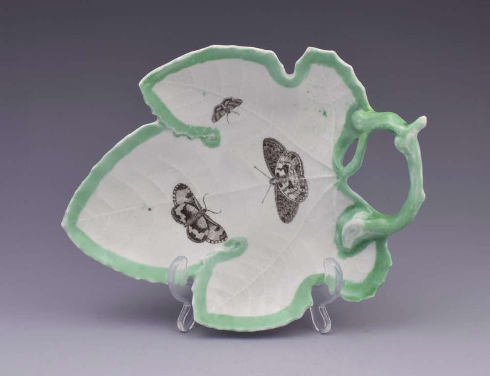 First Period Worcester Green Edged Leaf Dish With Butterflies c.1755 View II