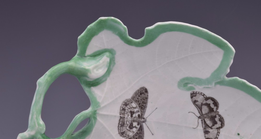 First Period Worcester Green Edged Leaf Dish With Butterflies c.1755 View III