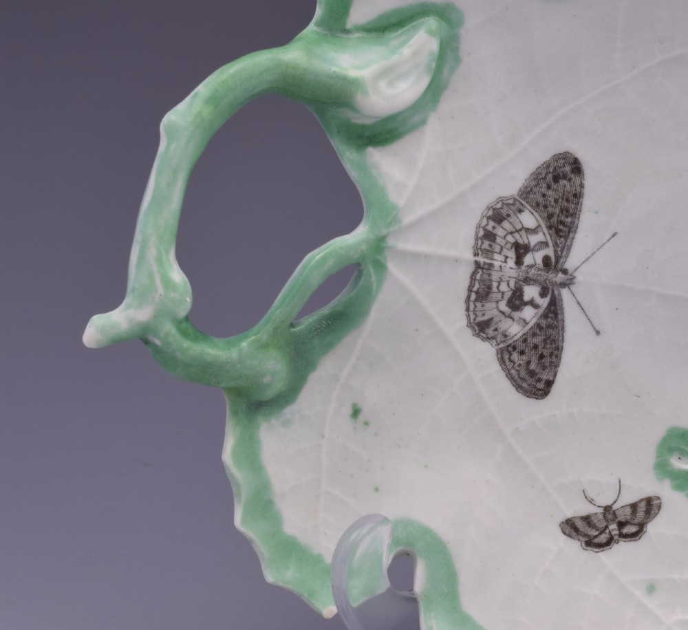 First Period Worcester Green Edged Leaf Dish With Butterflies c.1755 View IV