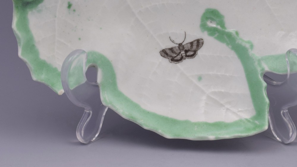 First Period Worcester Green Edged Leaf Dish With Butterflies c.1755 View V