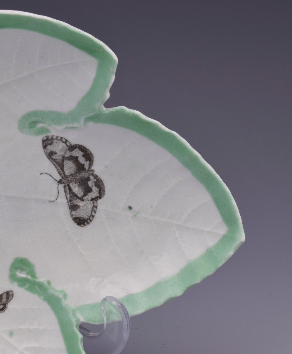 First Period Worcester Green Edged Leaf Dish With Butterflies c.1755 View VI