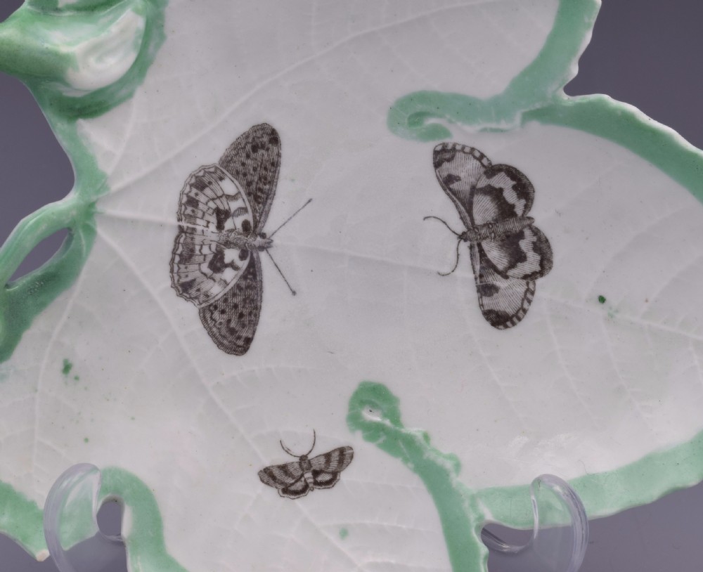 First Period Worcester Green Edged Leaf Dish With Butterflies c.1755 View VII