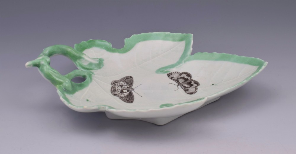 First Period Worcester Green Edged Leaf Dish With Butterflies c.1755 View VIII