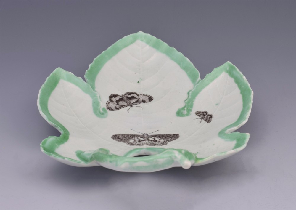First Period Worcester Green Edged Leaf Dish With Butterflies c.1755 View IX