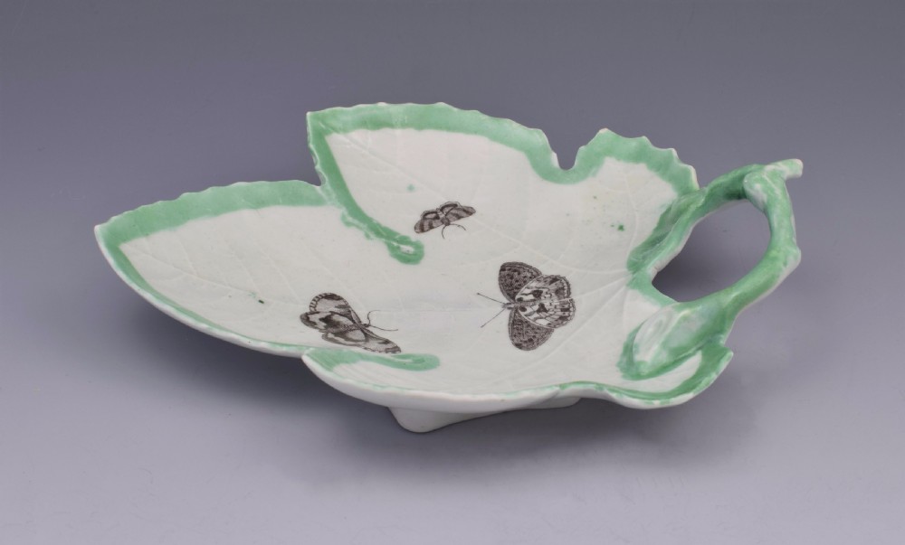 First Period Worcester Green Edged Leaf Dish With Butterflies c.1755 View X