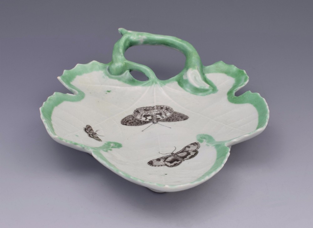 First Period Worcester Green Edged Leaf Dish With Butterflies c.1755 View XI