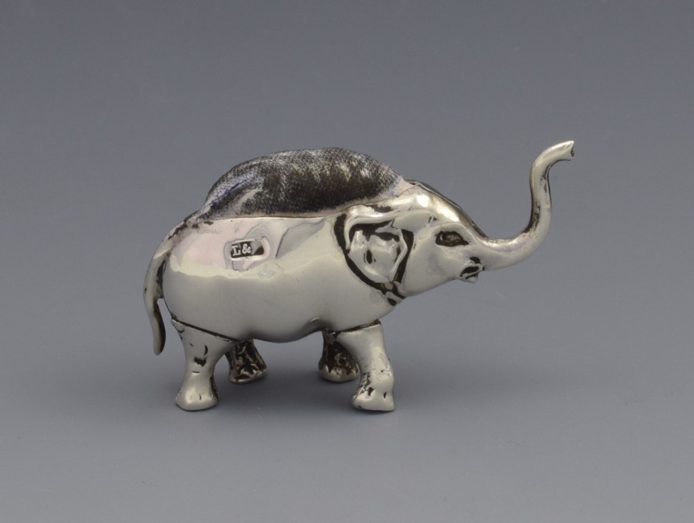 Edwardian Silver Pin Cushion Elephant Raised Trunk Levi & Salaman Miniature 1905