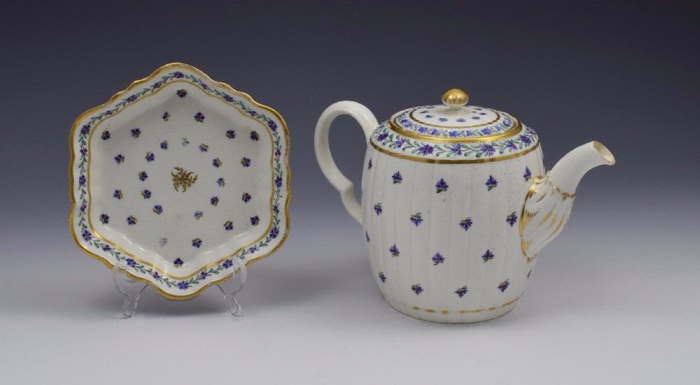 Caughley Barrel Fluted Teapot & Stand French Sprig Pattern c.1785 View II