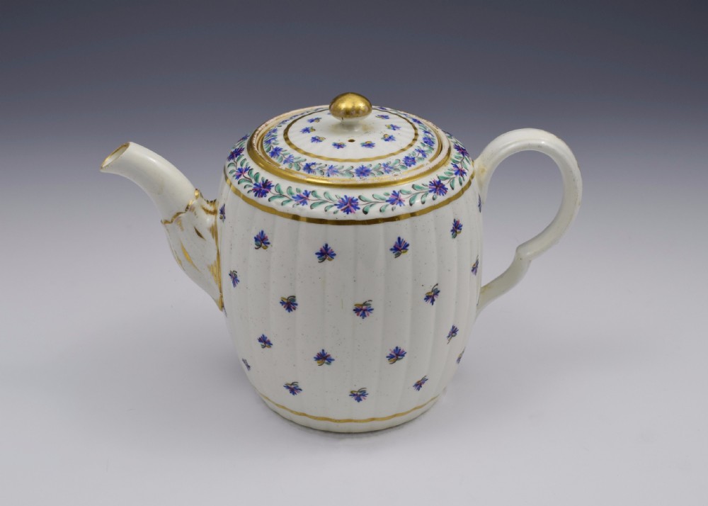 Caughley Barrel Fluted Teapot & Stand French Sprig Pattern c.1785 View III