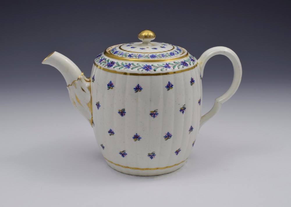 Caughley Barrel Fluted Teapot & Stand French Sprig Pattern c.1785 View IV
