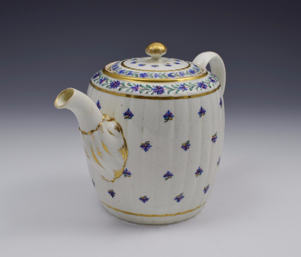 Caughley Barrel Fluted Teapot & Stand French Sprig Pattern c.1785 View V