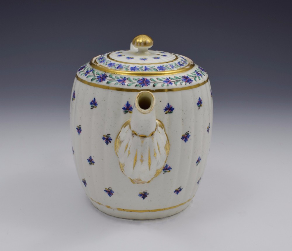 Caughley Barrel Fluted Teapot & Stand French Sprig Pattern c.1785 View VI