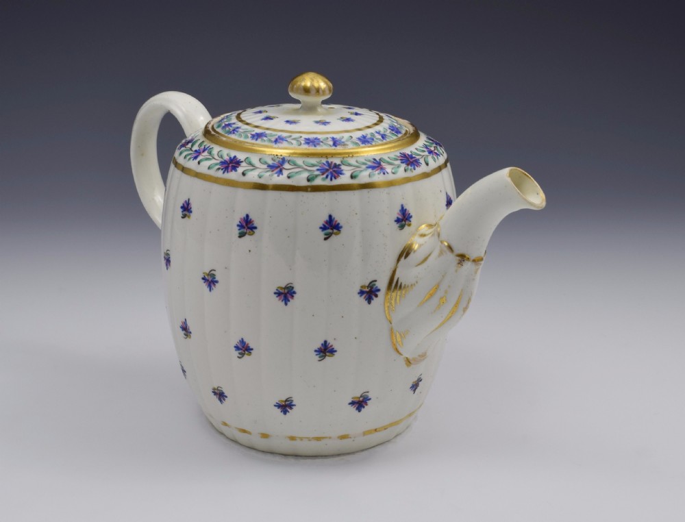 Caughley Barrel Fluted Teapot & Stand French Sprig Pattern c.1785 View VII