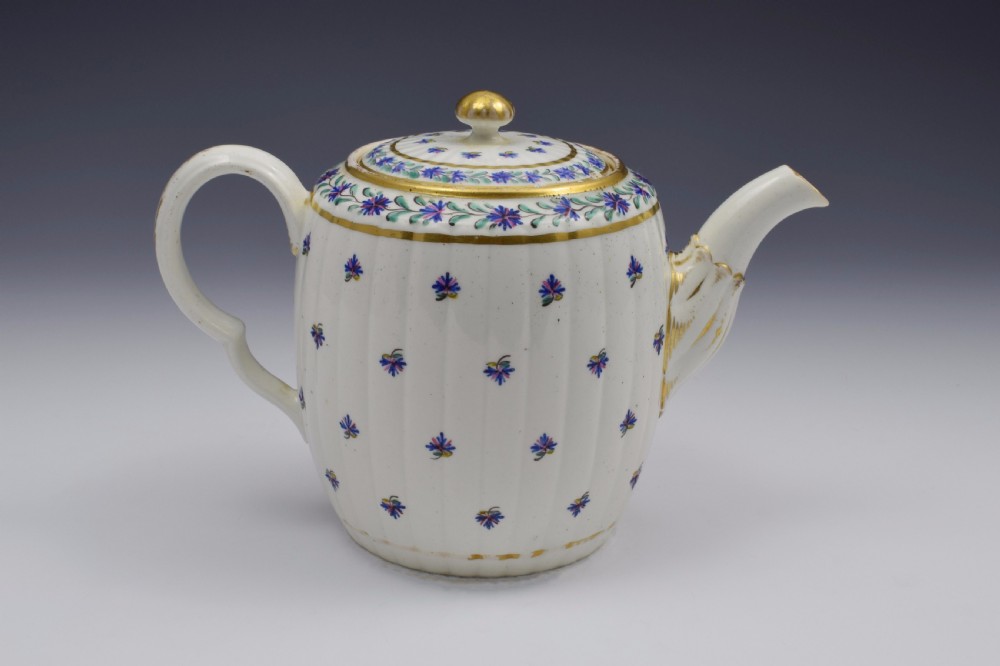 Caughley Barrel Fluted Teapot & Stand French Sprig Pattern c.1785 View VIII