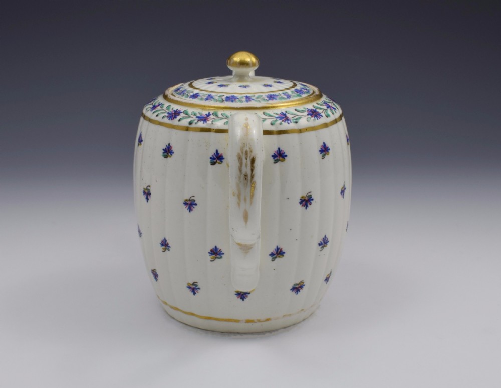 Caughley Barrel Fluted Teapot & Stand French Sprig Pattern c.1785 View X