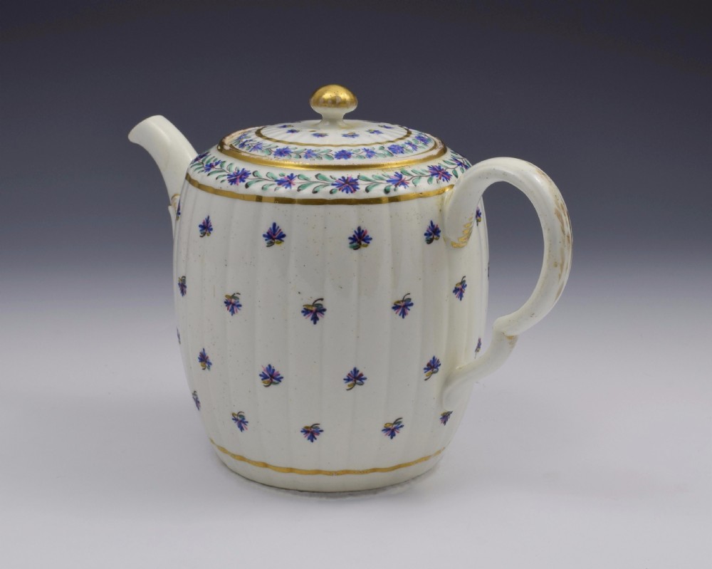 Caughley Barrel Fluted Teapot & Stand French Sprig Pattern c.1785 View XI