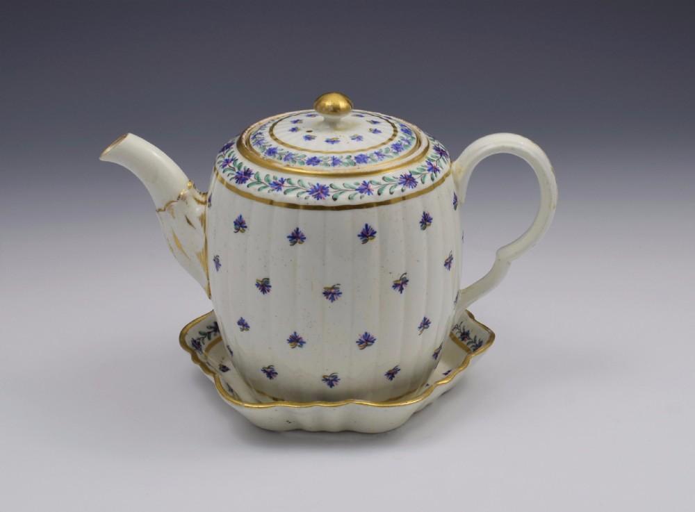 Caughley Barrel Fluted Teapot & Stand French Sprig Pattern c.1785 View XII