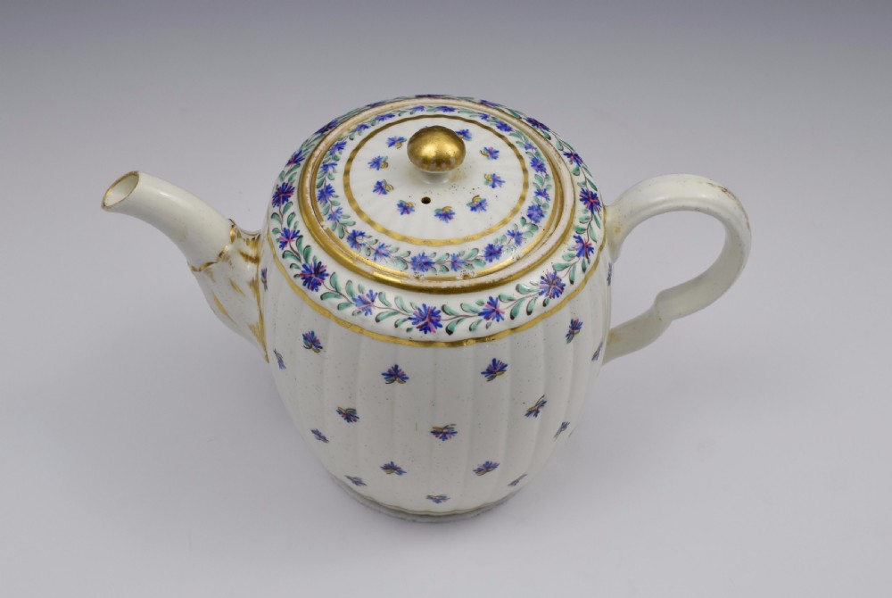 Caughley Barrel Fluted Teapot & Stand French Sprig Pattern c.1785 View XIII