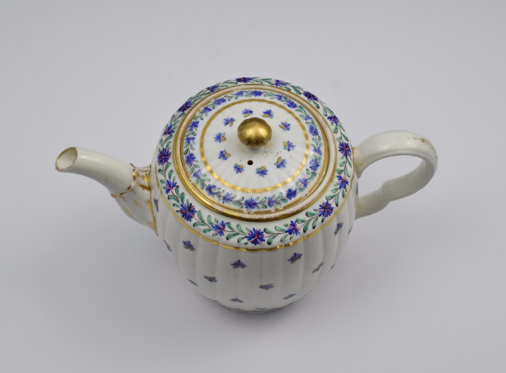 Caughley Barrel Fluted Teapot & Stand French Sprig Pattern c.1785 View XIV
