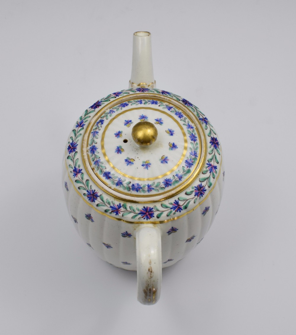 Caughley Barrel Fluted Teapot & Stand French Sprig Pattern c.1785 View XV