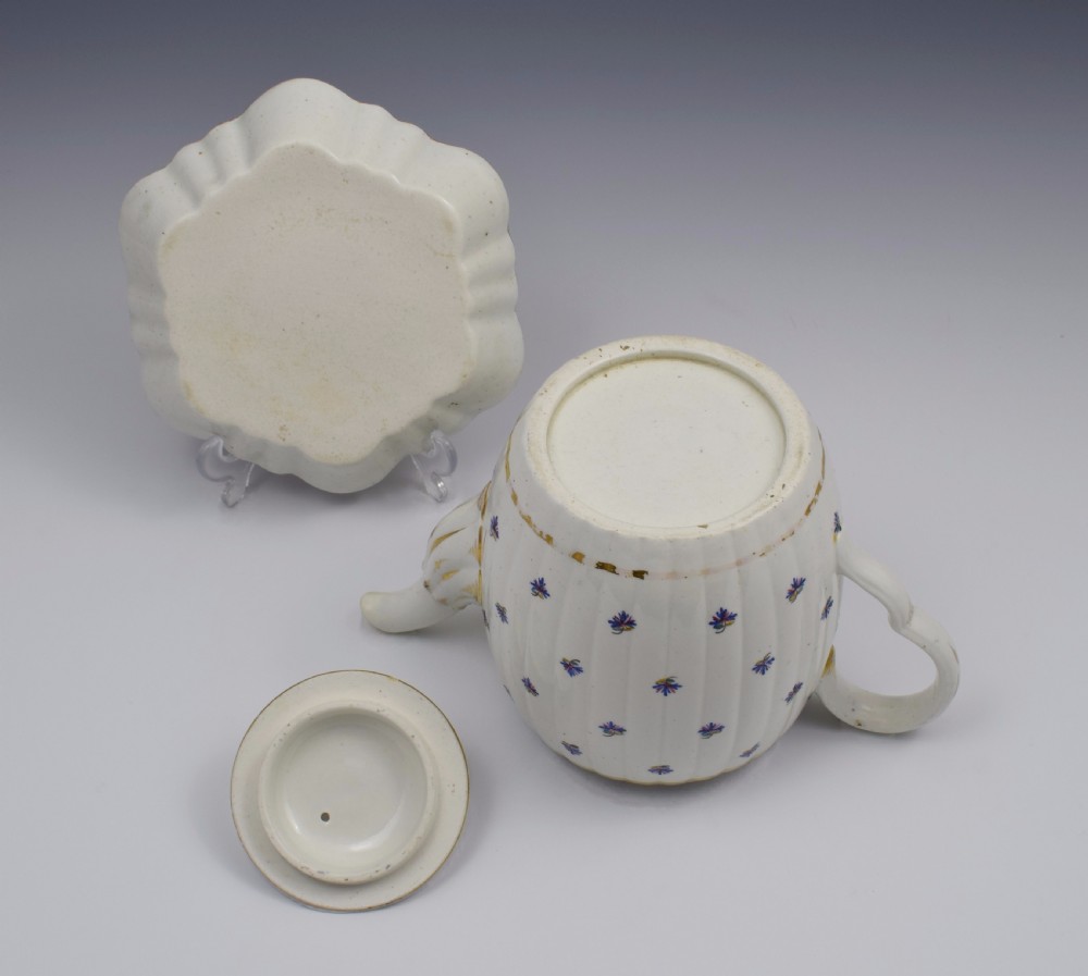 Caughley Barrel Fluted Teapot & Stand French Sprig Pattern c.1785 View XIX