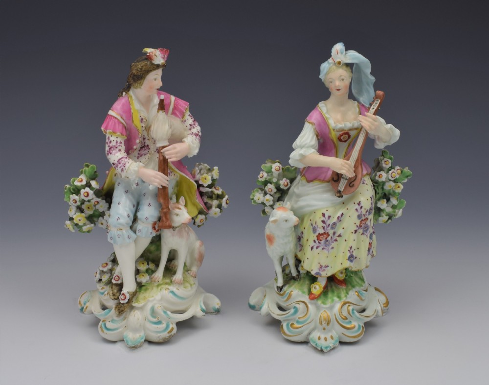Pair Derby Figures Sitting Piper & Guitar Model 301 c.1770 Shepherds