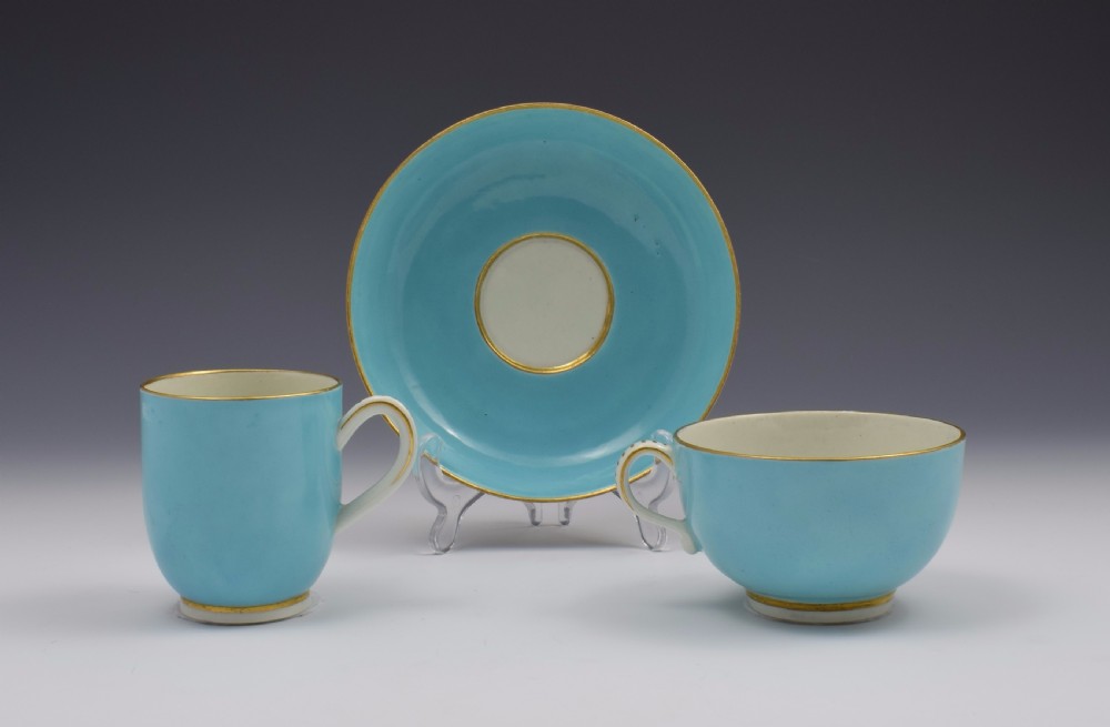 First Period Worcester Giles Decorated Celeste Bleu Cup & Saucer Trio View II