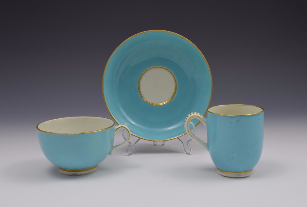 First Period Worcester Giles Decorated Celeste Bleu Cup & Saucer Trio View III