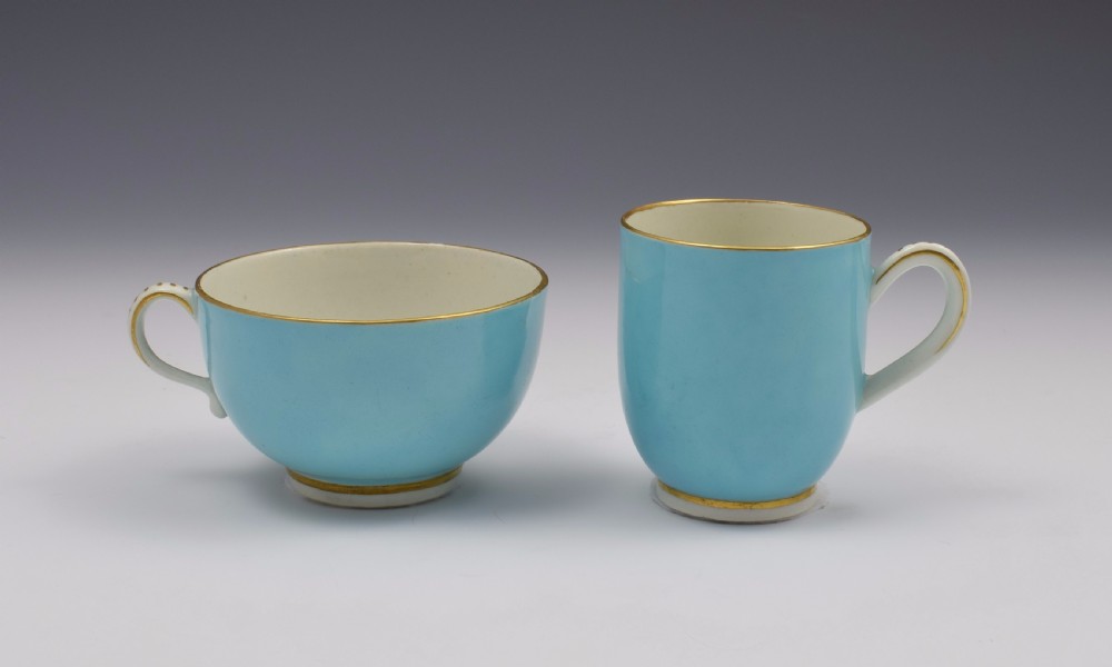 First Period Worcester Giles Decorated Celeste Bleu Cup & Saucer Trio View V