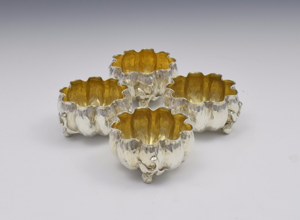 Set Of 4 Naturalistic Scottish Silver Bark & Flower Bud Table Salts View V