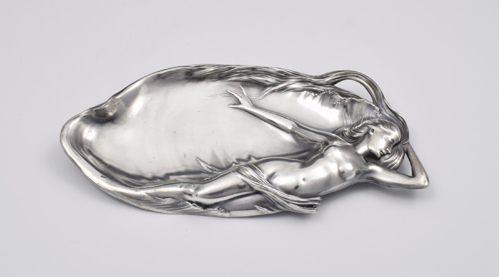 Art Nouveau Pewter Card Tray Reclining Nude WMF c.1905 View II