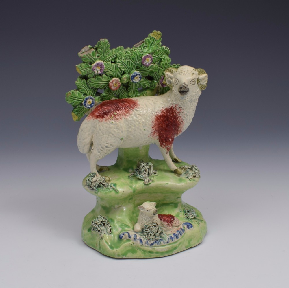 Early 19thC Walton Staffordshire Pearlware Bocage Group Ram & Lamb View II
