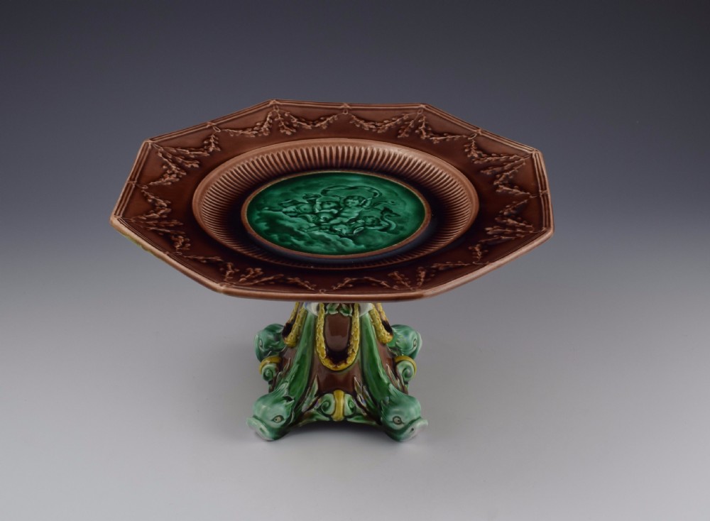 Victorian Wedgwood Majolica Tazza With Cherubs & Dolphins 