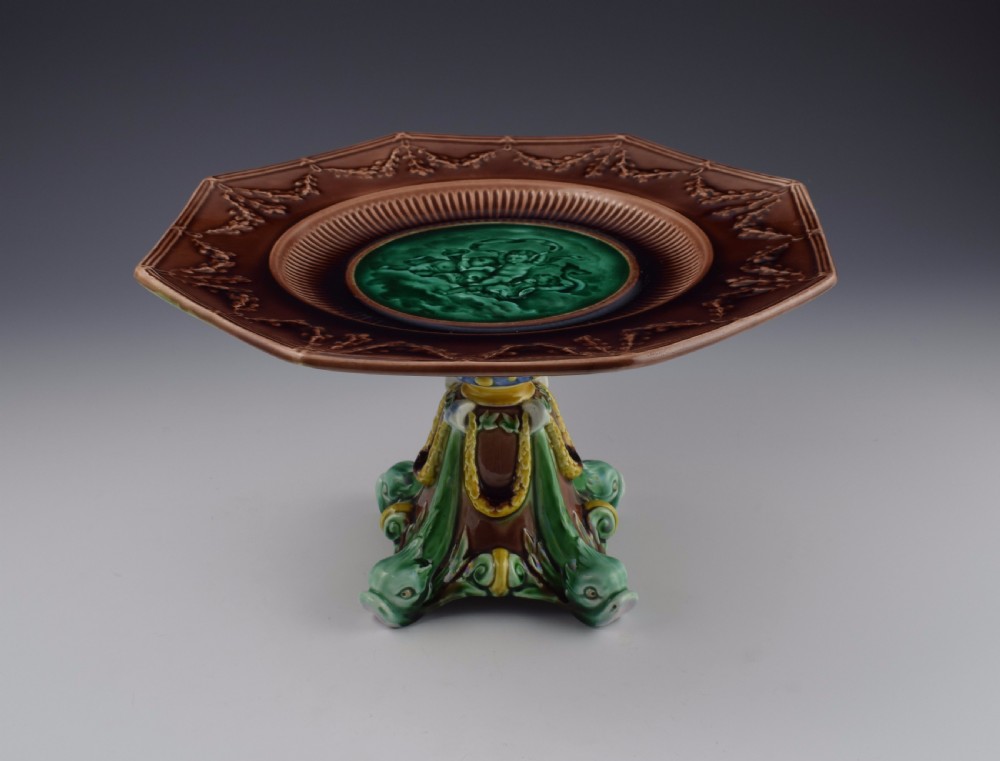Victorian Wedgwood Majolica Tazza With Cherubs & Dolphins  View II