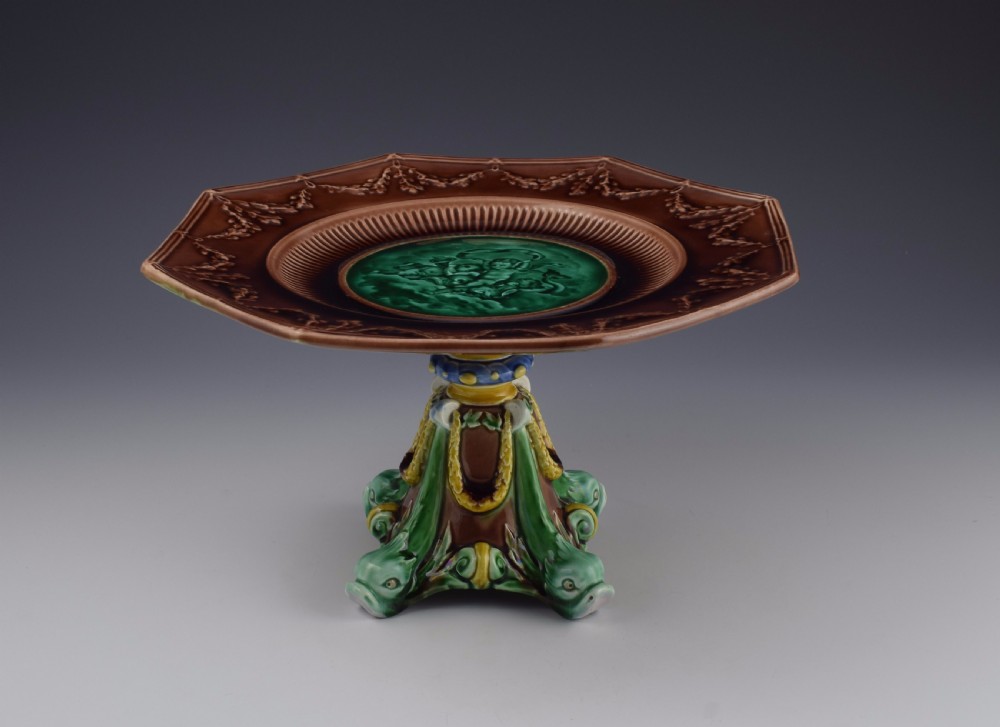 Victorian Wedgwood Majolica Tazza With Cherubs & Dolphins  View III