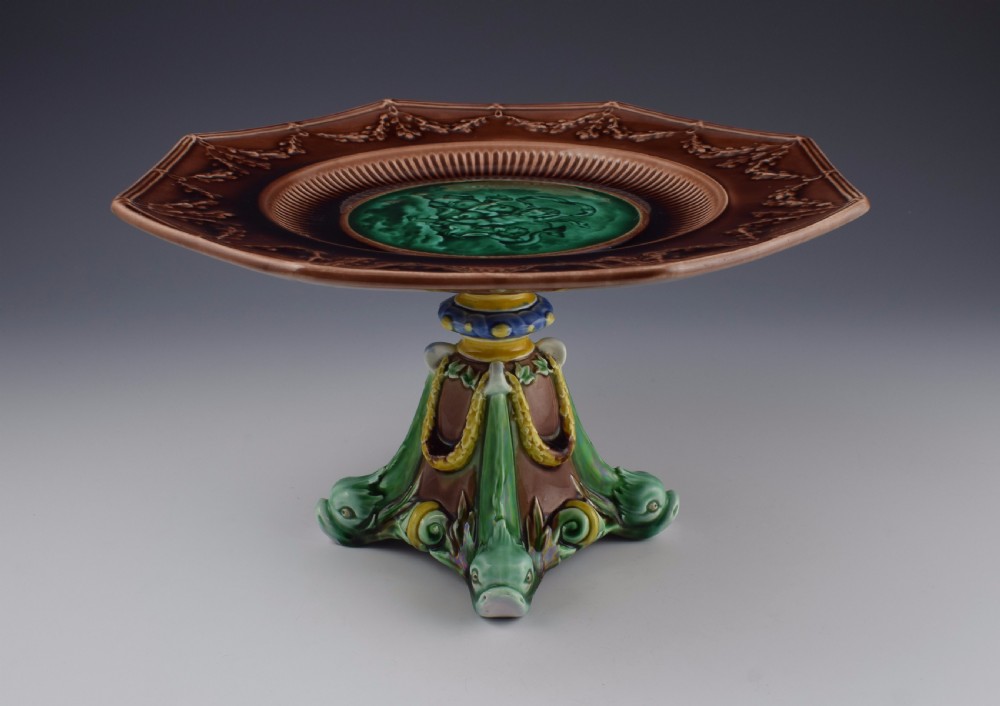 Victorian Wedgwood Majolica Tazza With Cherubs & Dolphins  View V