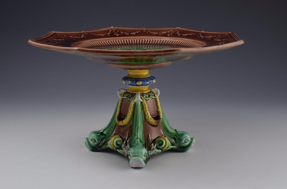 Victorian Wedgwood Majolica Tazza With Cherubs & Dolphins  View VI
