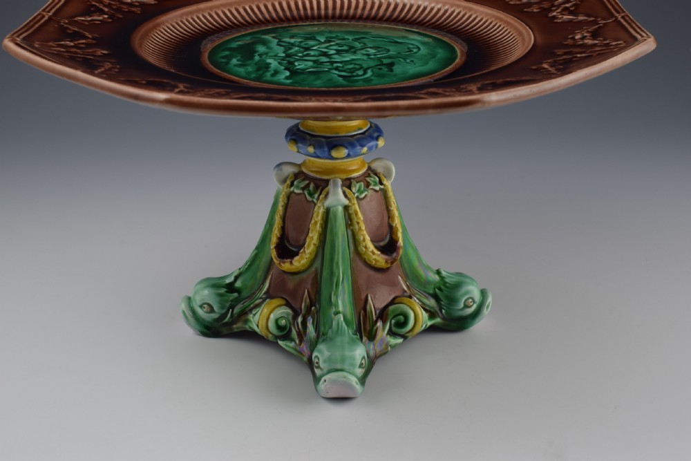 Victorian Wedgwood Majolica Tazza With Cherubs & Dolphins  View X